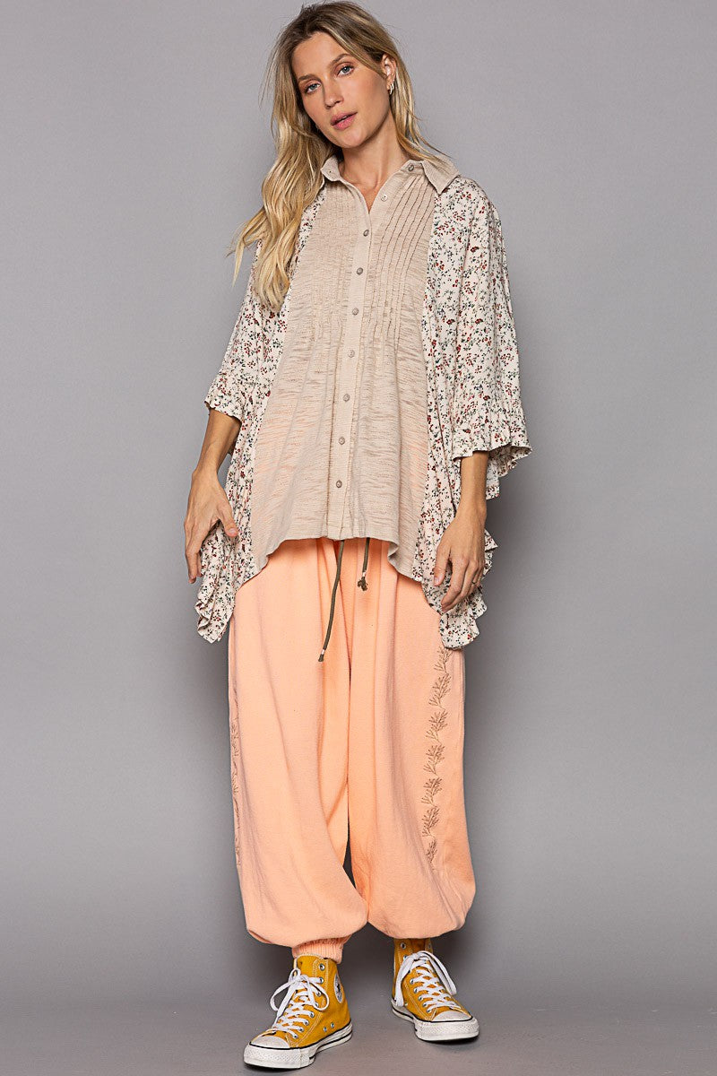 POL Drop Shoulder Floral Print Ruffle Button Down Top