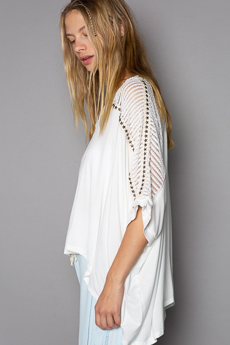POL Oversize V Neck Crochet Lace Contrast Studded Top