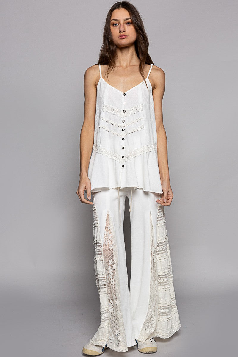 POL Button Down V-Neck Sleeveless Eyelet Trim Knit Top