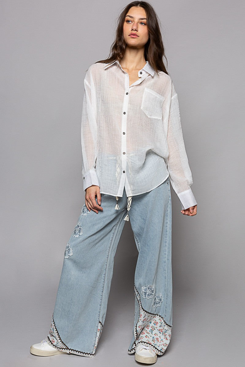 POL Oversize Long Sleeve Button Down Chiffon Shirts Top