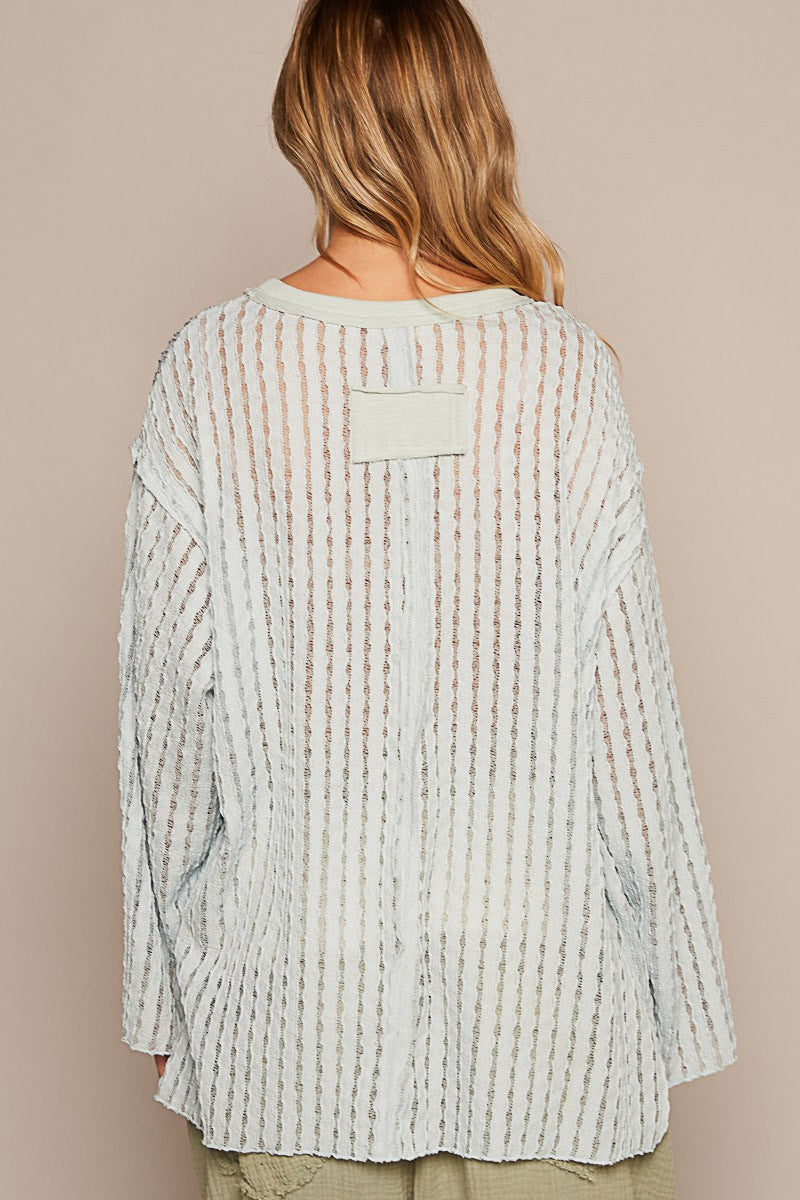 POL Round Neck Long Sleeve Cut Sew Soild Knit Top