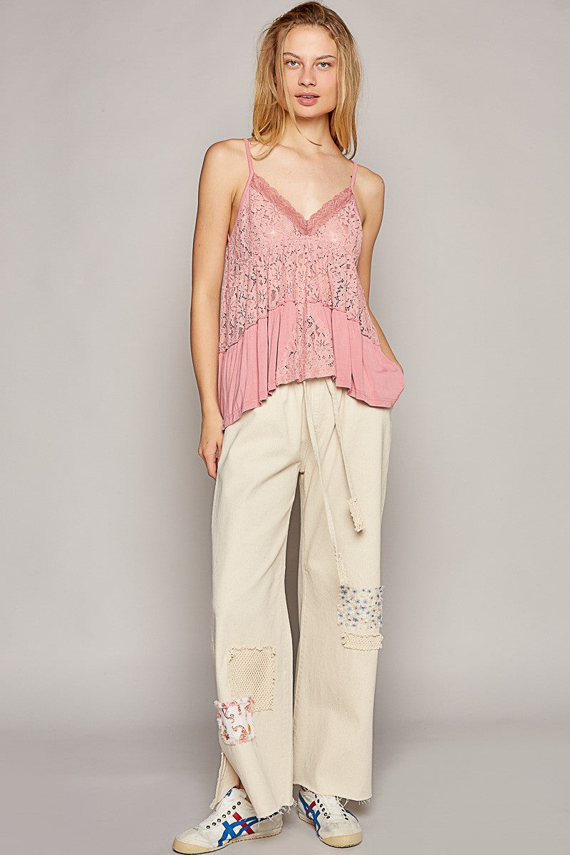 POL Sleeveless Lace Contrast Ruffle Detail Knit Top