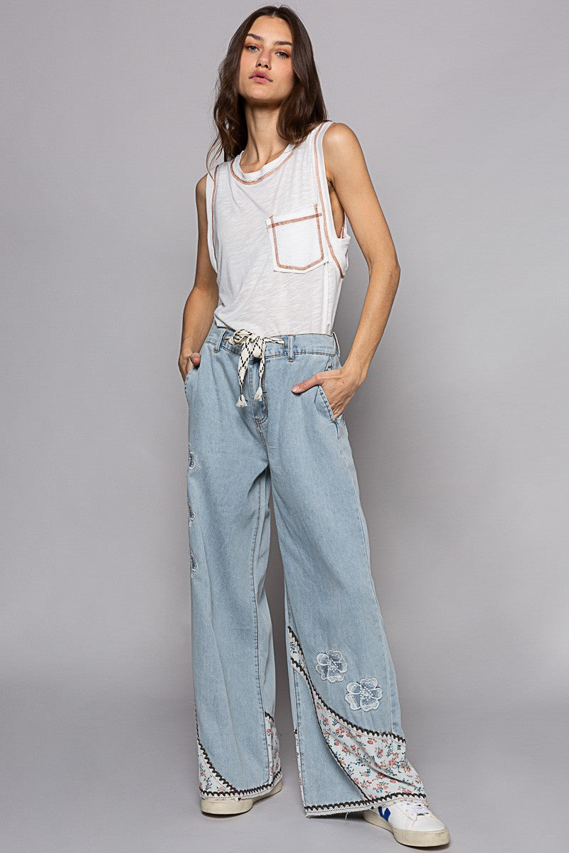 POL Round Neck Sleeveless Pocket Front Solid Top