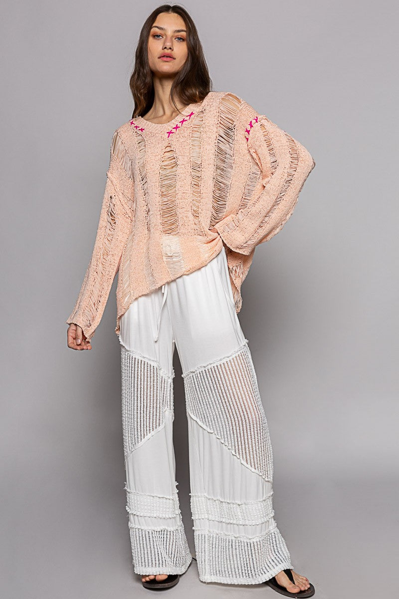 POL Stitch Detail Long Sleeve Distressed Sweater Top