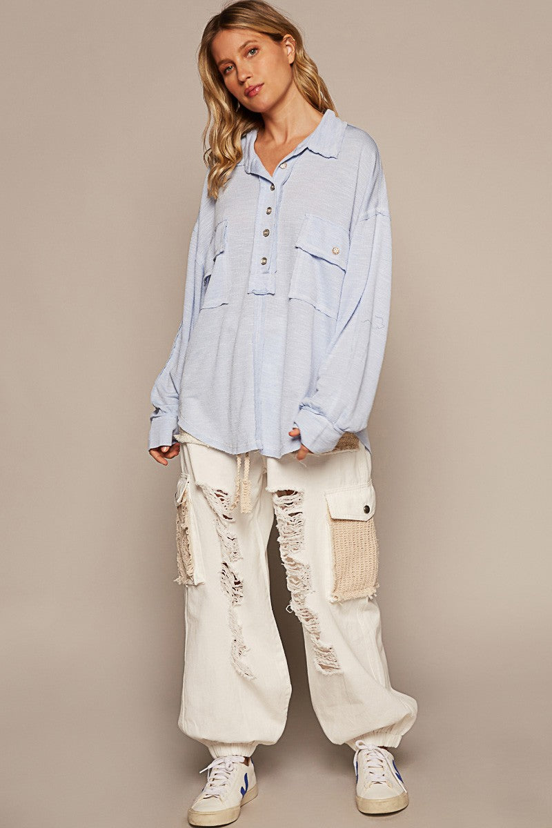 POL Vintage Washing Long Sleeve Front Pocket Top