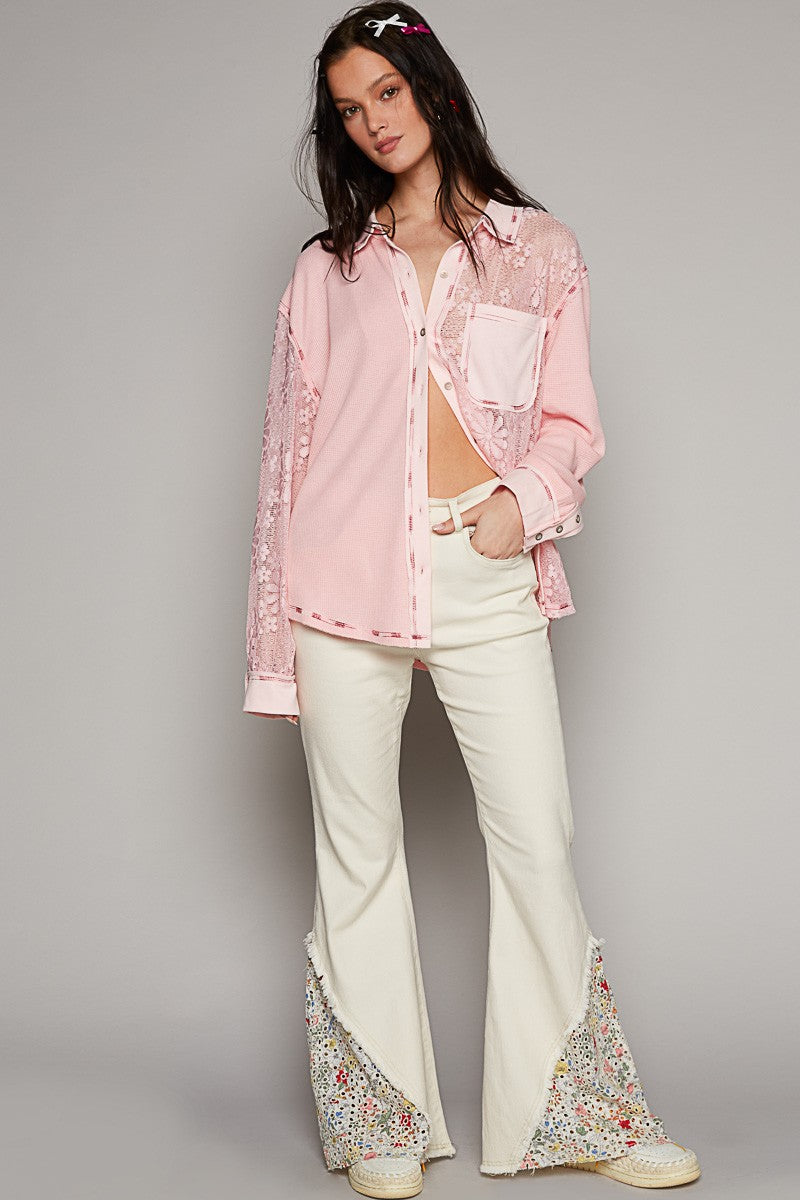 POL Collar Neck Lace Contrast Button Down Knit Top