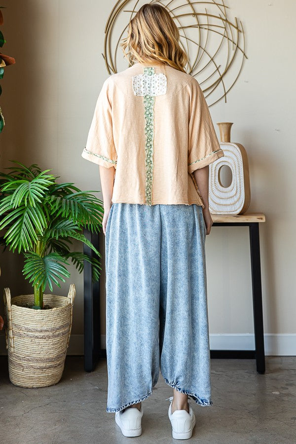 Oli & Hali Washed Daisy Patch Front Short Sleeve Top