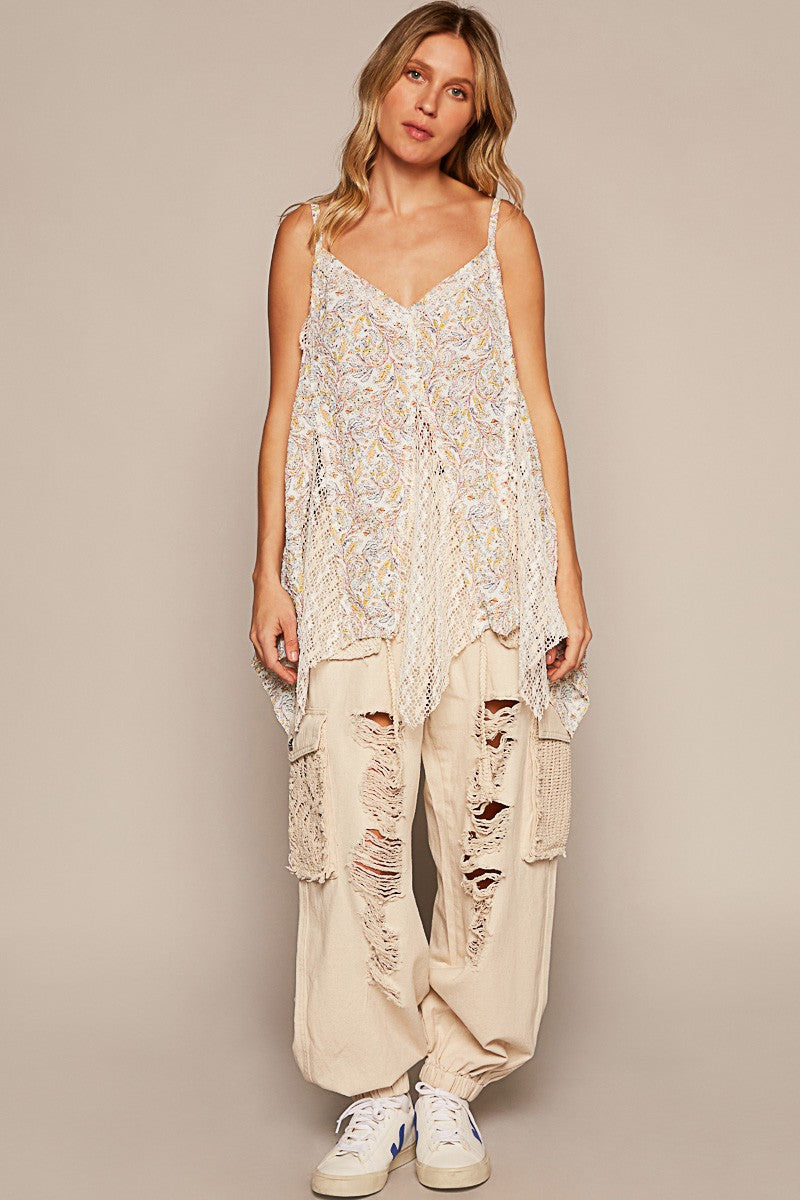 POL Sleeveless Textured Woven Crochet Contrast Top