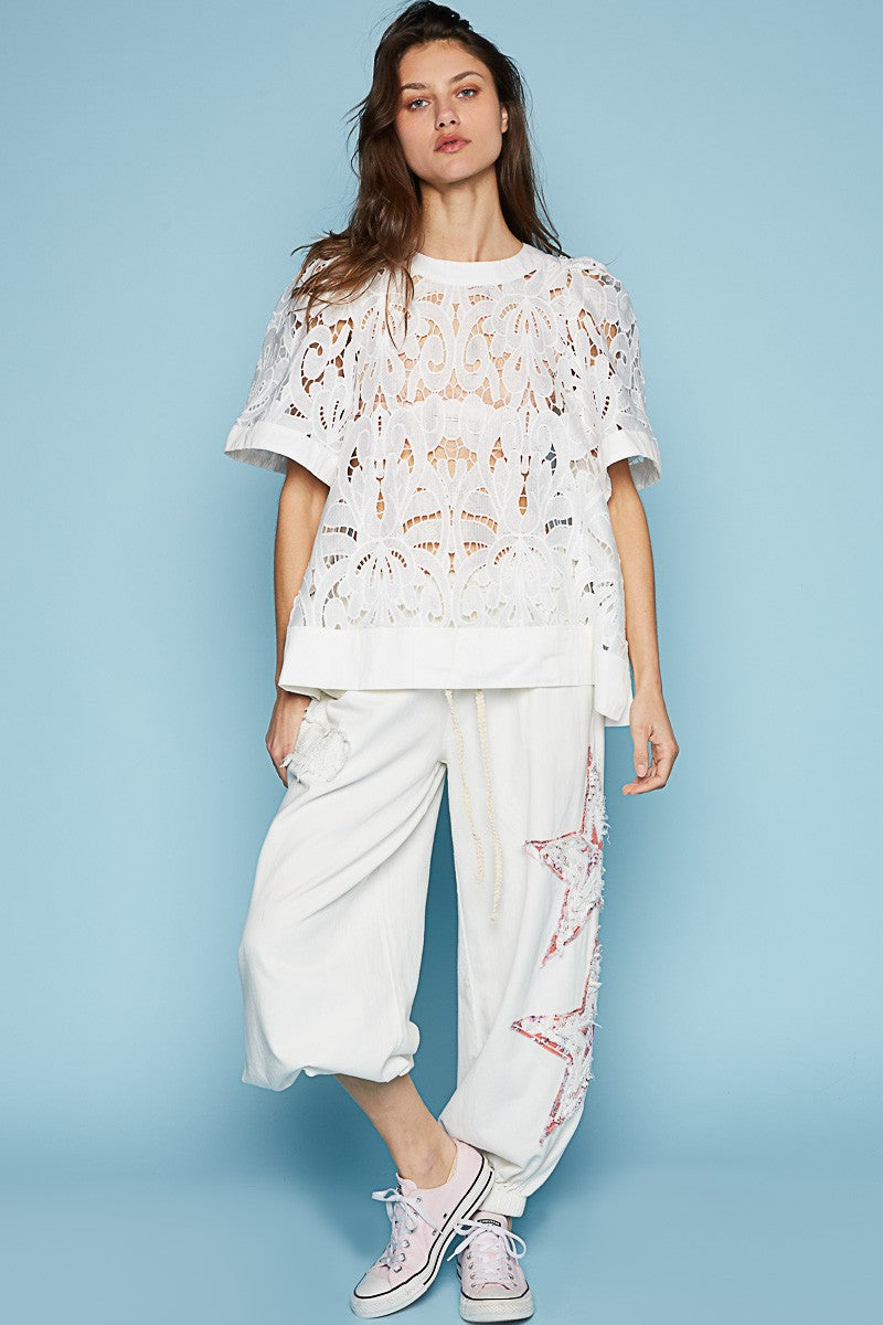 POL Round Necek Short Sleeve Back Button Crochet Top