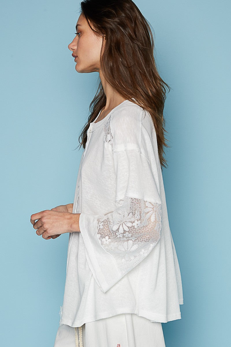 POL Round Neck Button Placket Lace Mixed Knit Top