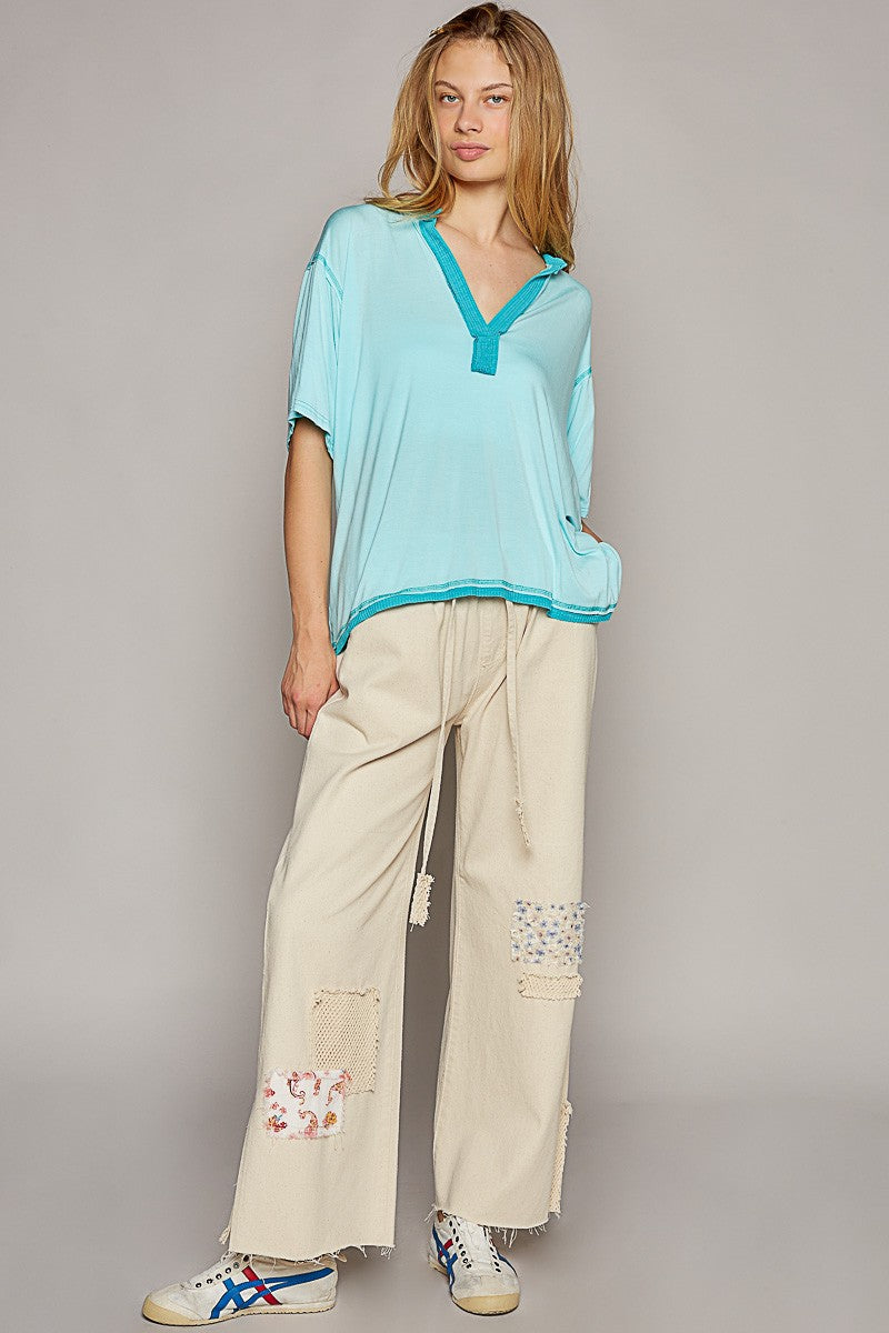 POL Oversize V Henly Neck Short Sleeve Solid Top
