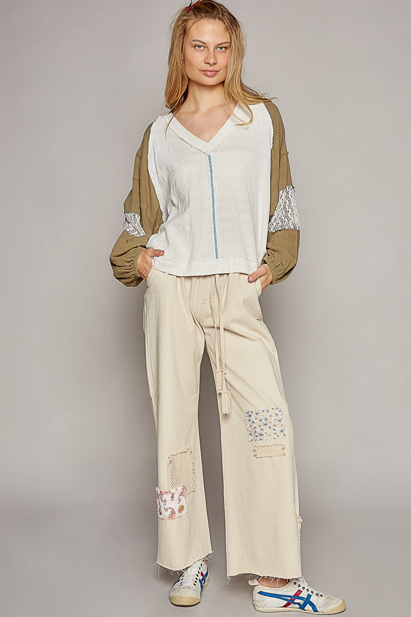 POL Balloon Long Raglan Sleeve Crochet Patch Top