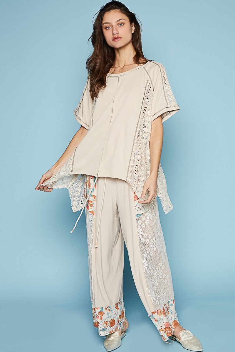 POL Round Neck Short Sleeve Crochet Contrast Knit Top