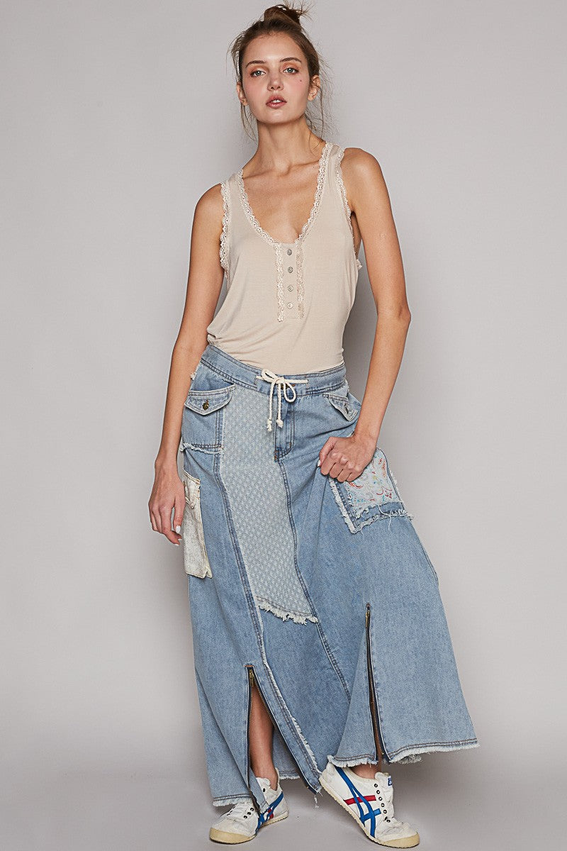 POL Scoop Neck Sleeveless Lace Trim Back Open Knit Top