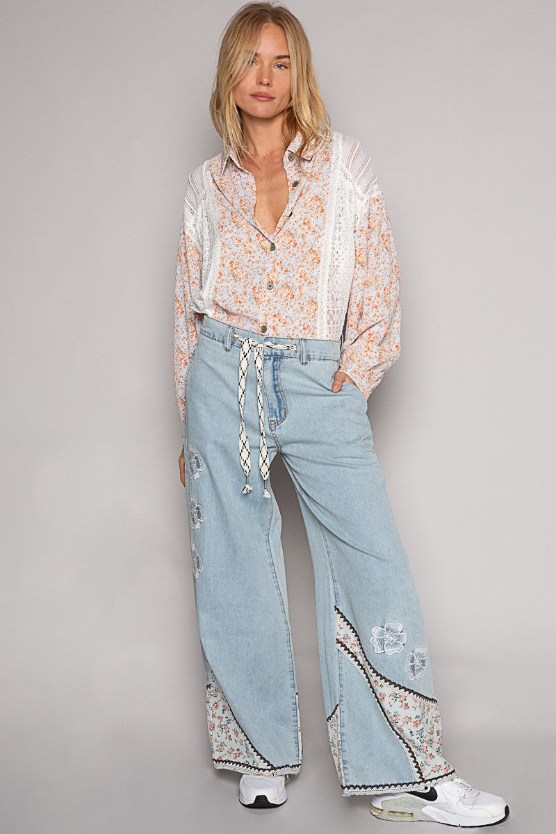 POL Vintage Washed Long Sleeve Printed Woven Shirt Top