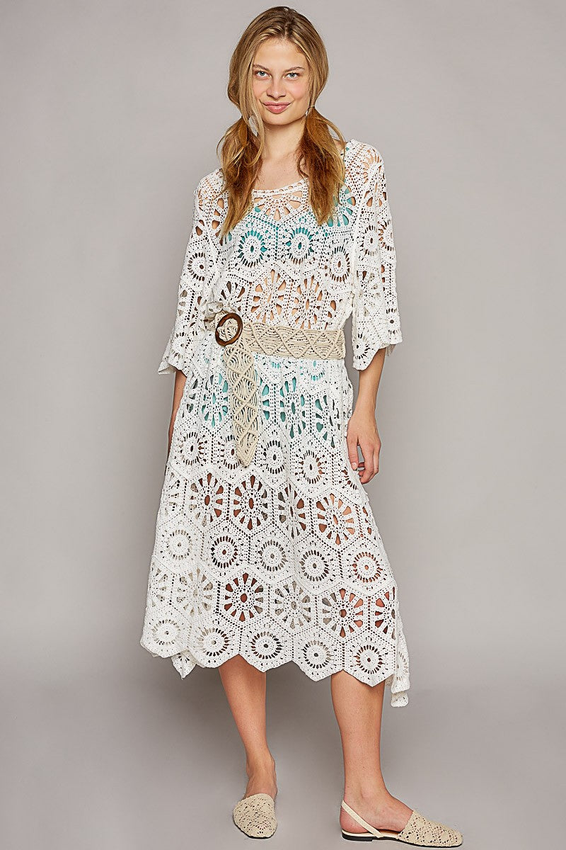 POL Scoop Neck Short Sleeve Solid Crochet Dress Top