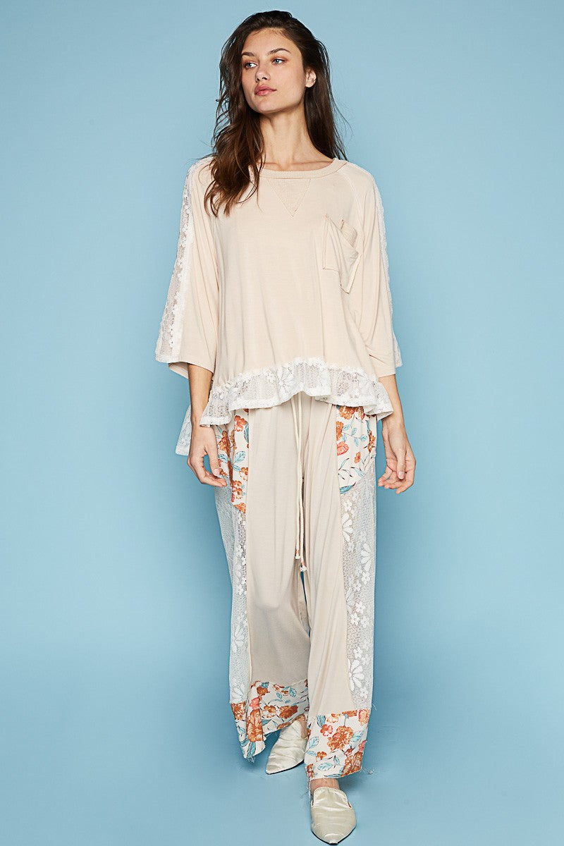 POL Oversize Round Neck Ruffle Hem Lace Knit Top