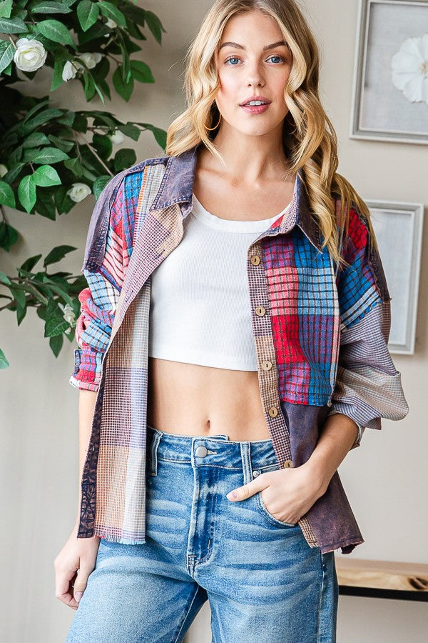 Oli & Hali Washed Plaid Mix Shirt Top