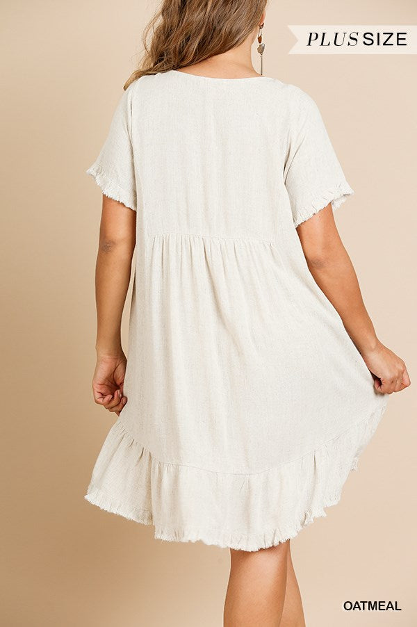 Umgee Plus Linen Blend Short Sleeve Round Neck Ruffle Trim Frayed Edges Dress