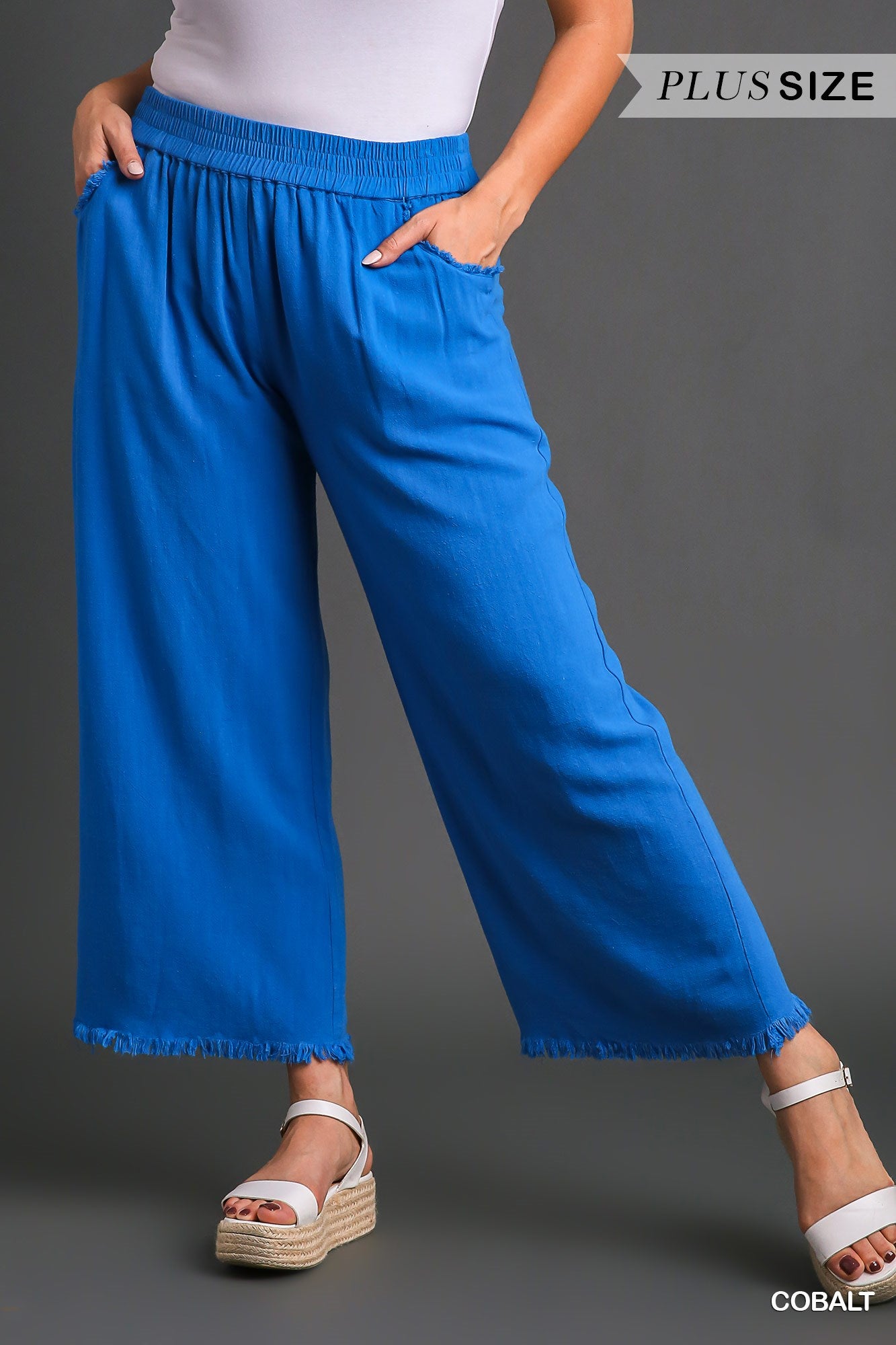 Umgee Plus Linen Blend Elastic Waistband Frayed Hem Wide Leg Pants