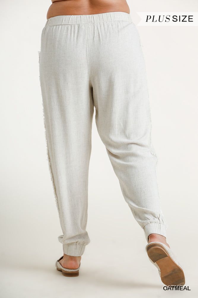 Umgee Plus Linen Blend Elastic Waist Frayed Edged Jogger Pants