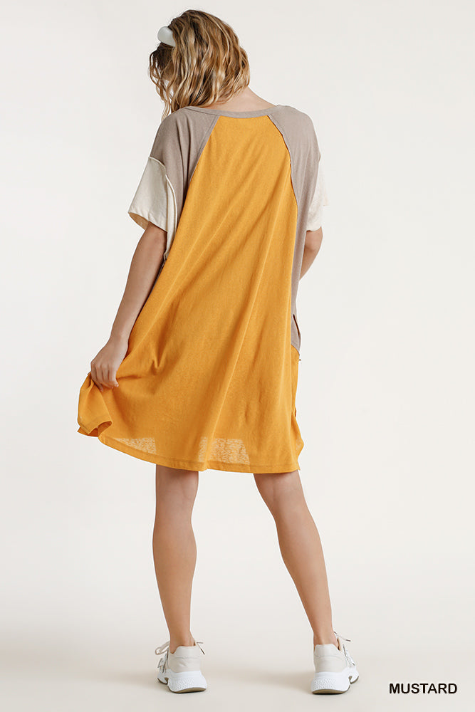 Umgee Ash Colorblock Short Sleeve Raw Edged Detail Pockets Side Slits Dress - Roulhac Fashion Boutique