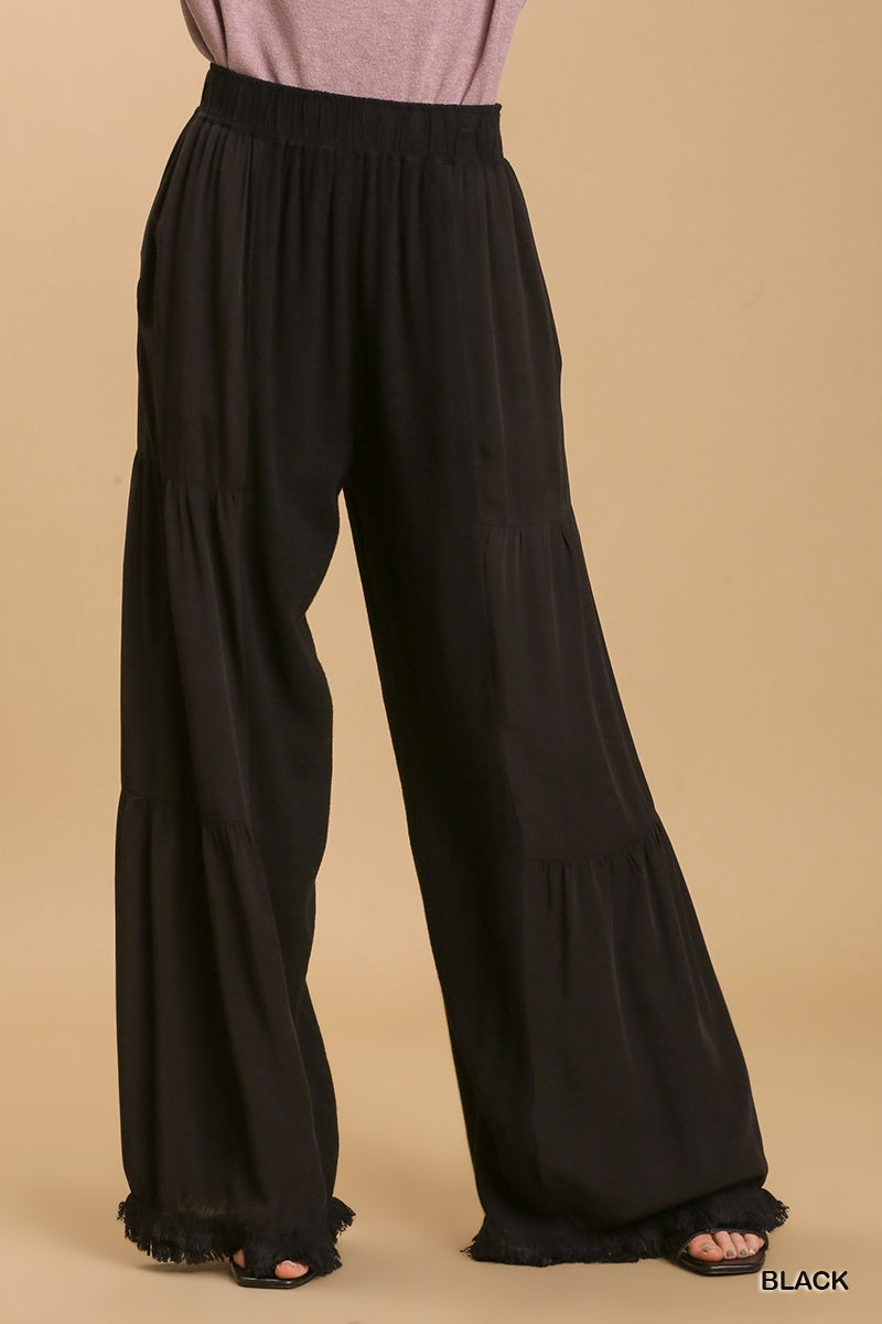 Umgee Linen Blend Side Tiered Elastic Waist Wide Leg Frayed Hem Pants