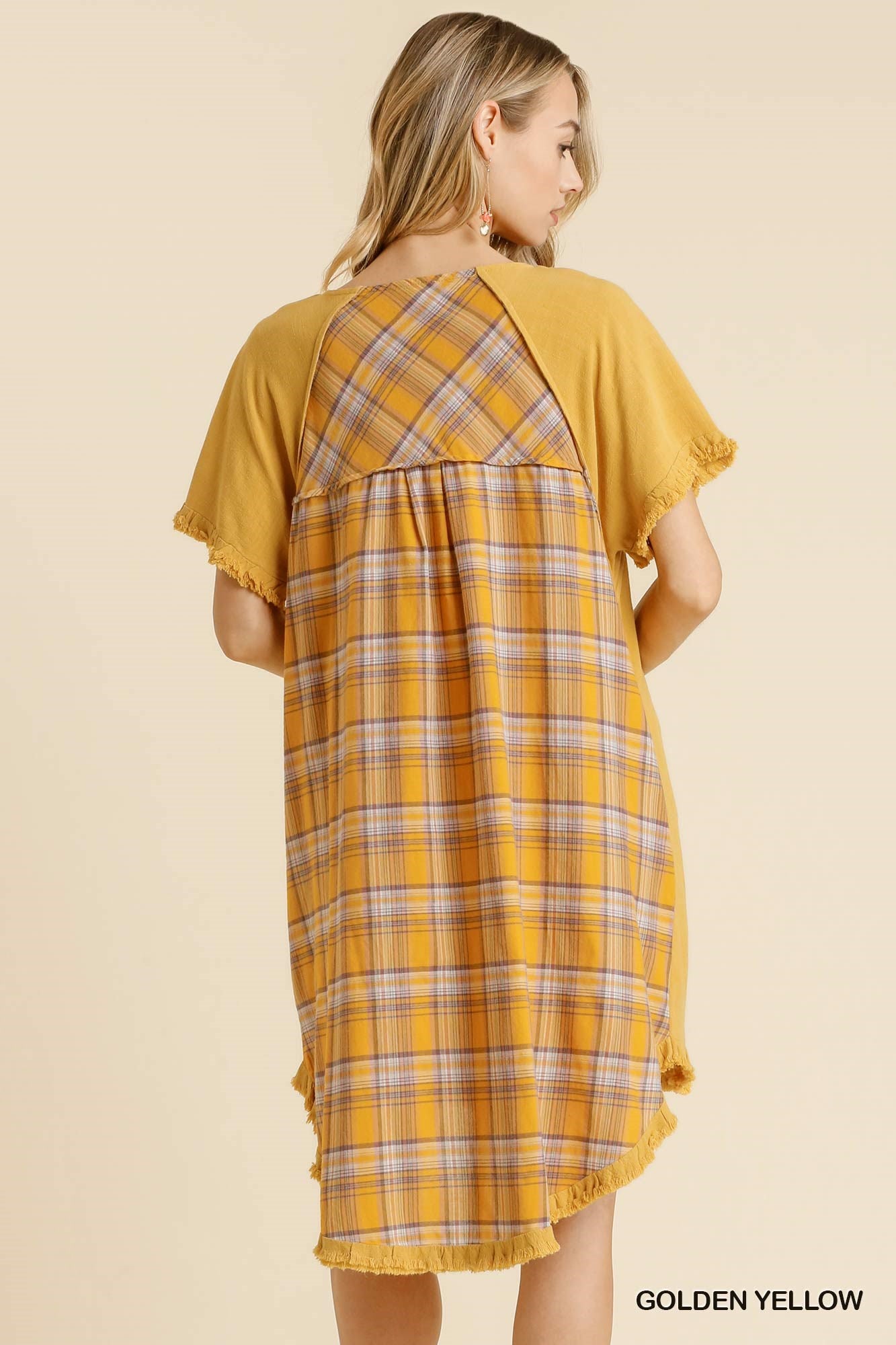 Umgee Golden Yellow Plaid Round Neck Short Sleeve Fringed Round High Low Dress - Roulhac Fashion Boutique