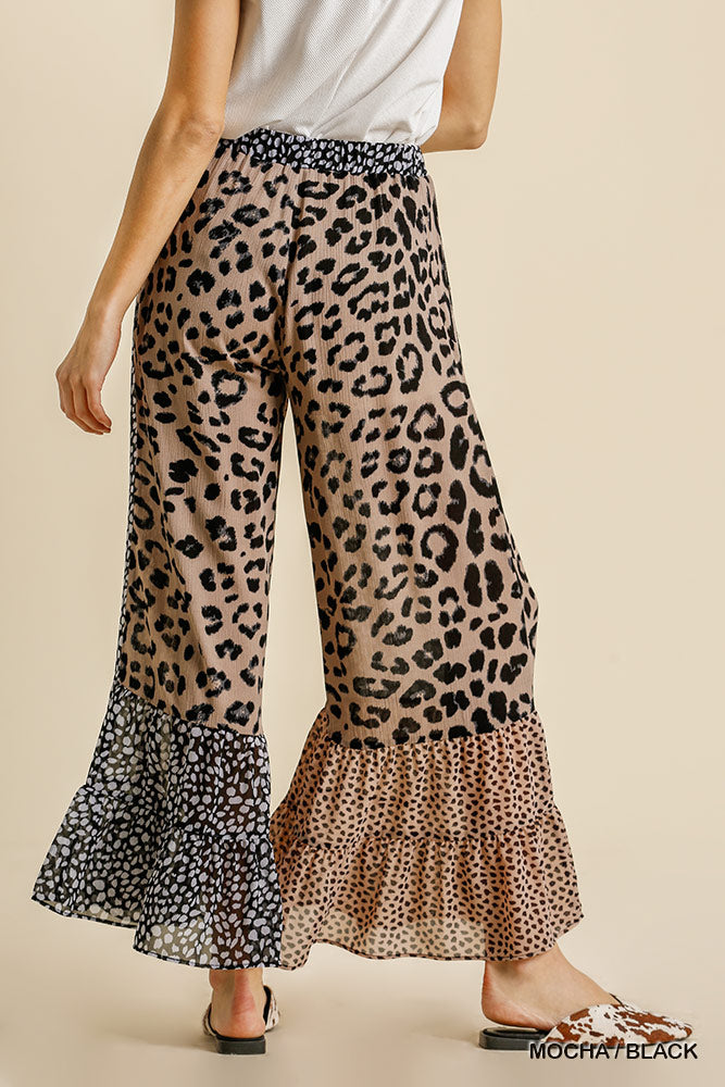 Umgee Animal Mixed Print Elastic Waistband Wide Leg Ruffle Hem Pants
