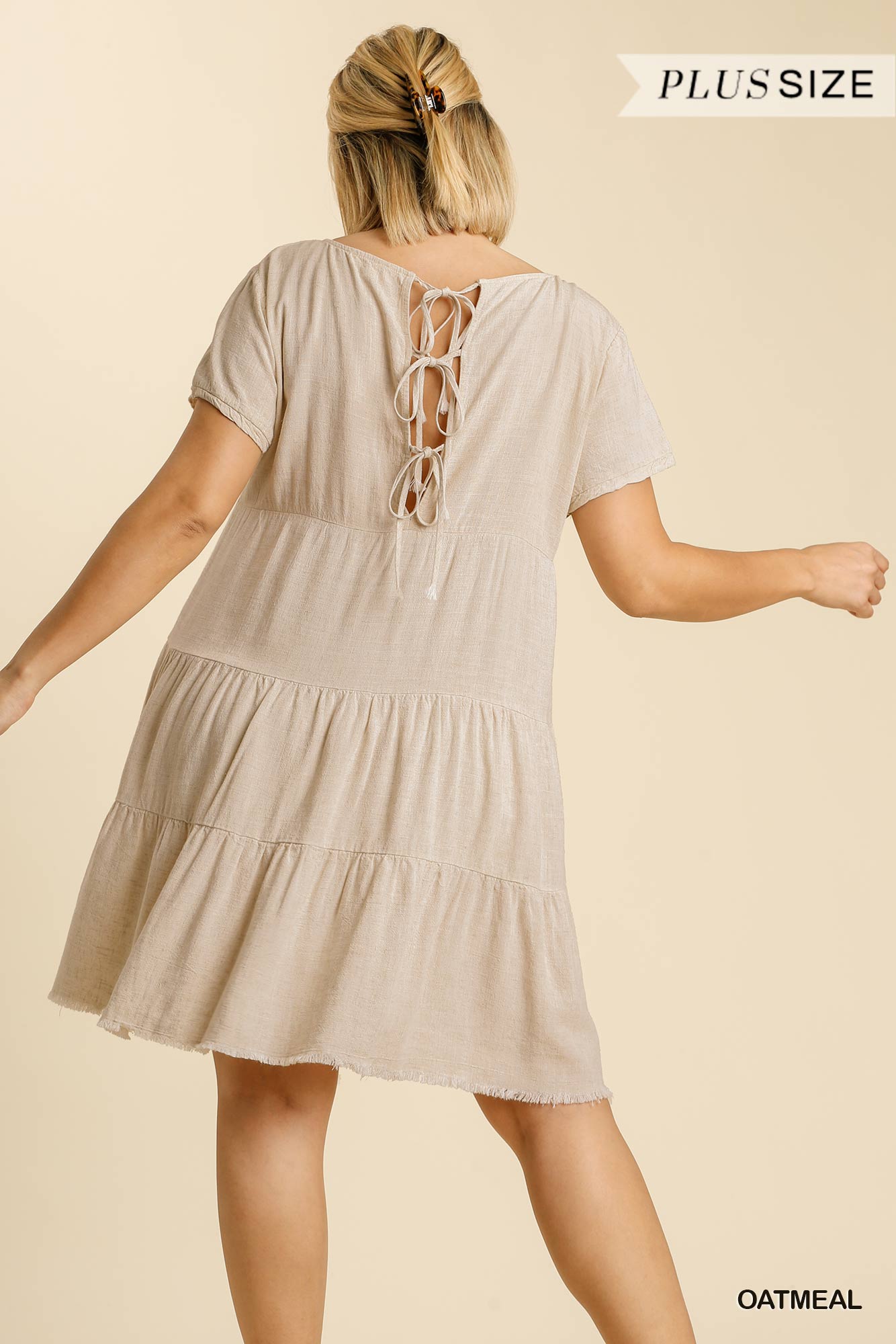 Umgee Plus Linen Blend Short Sleeved Rolled Sleeves Back Tie Dress