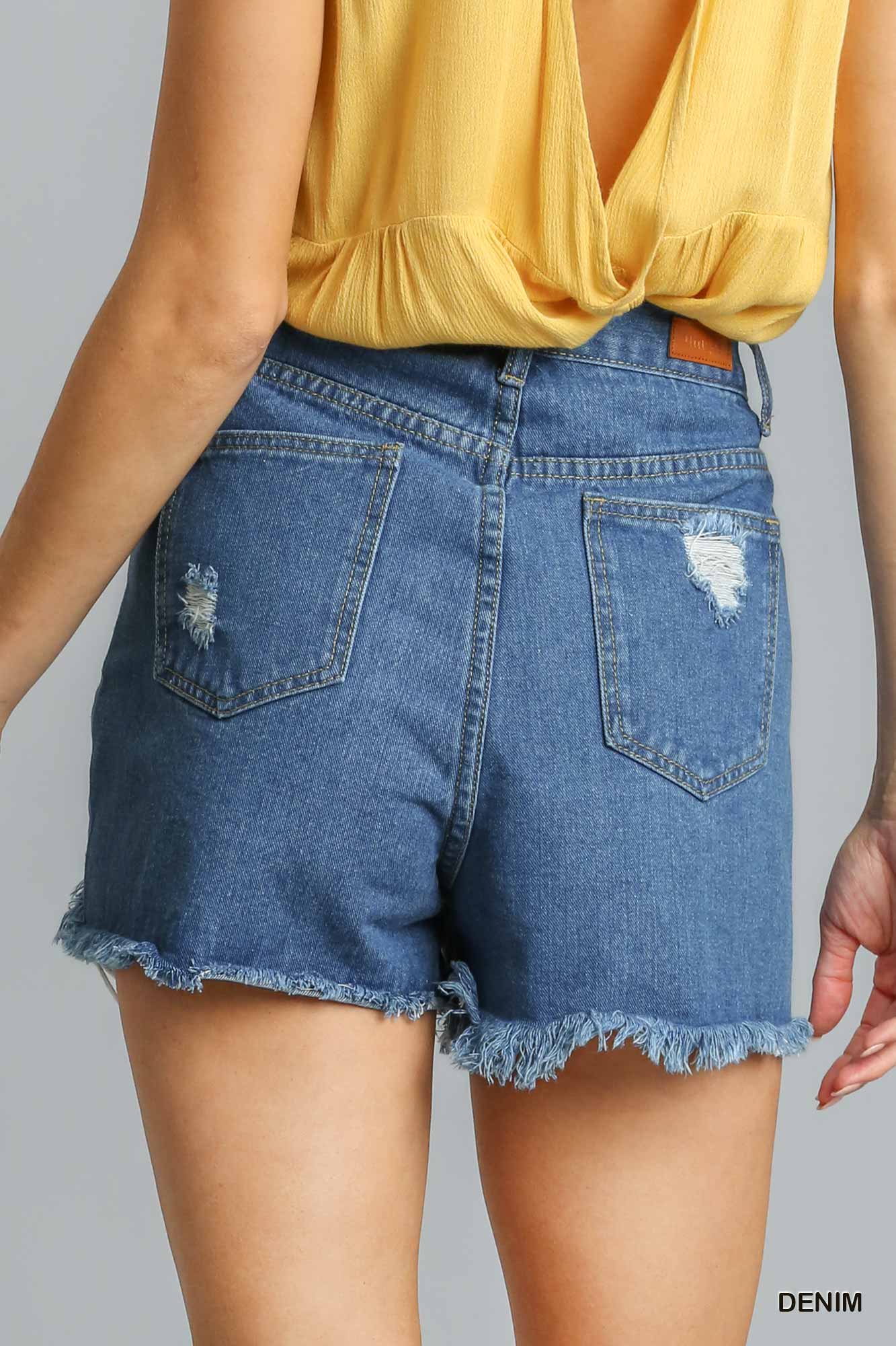 Umgee Linen Blend Crochet Elastic Waistband Frayed Hem Shorts