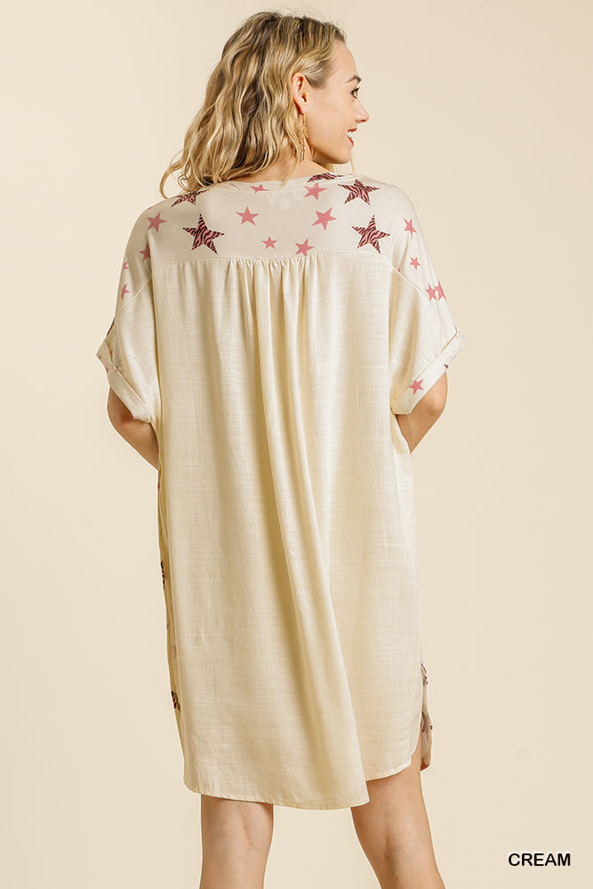 Umgee Linen Blend Animal Star Print Round Neck Short Folded Shift Dress - Roulhac Fashion Boutique