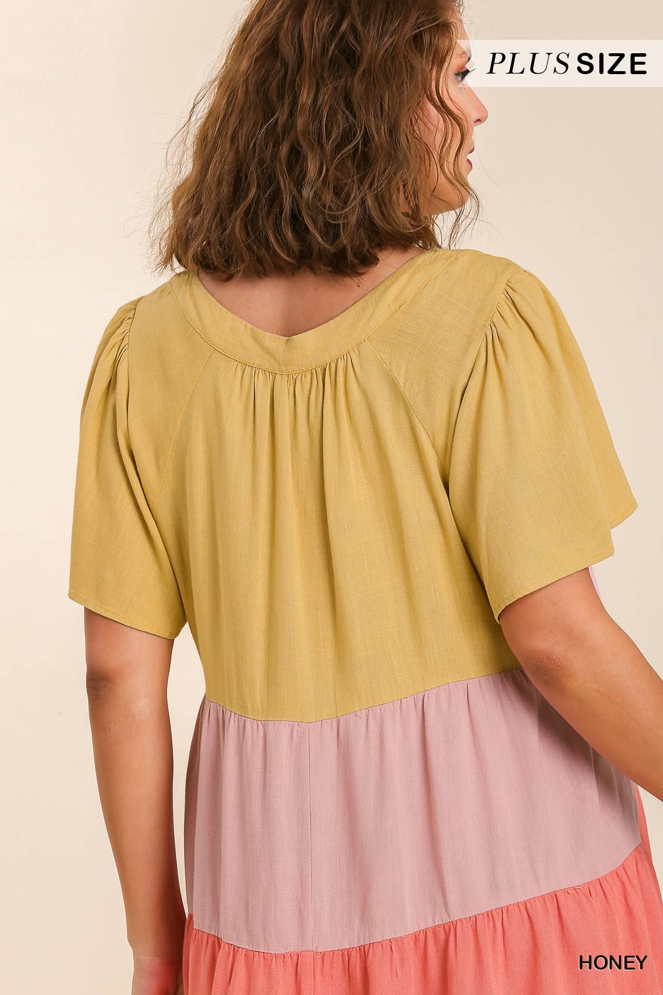 Umgee Plus Linen Blend Colorblock Square Neck Frayed Hem Dress