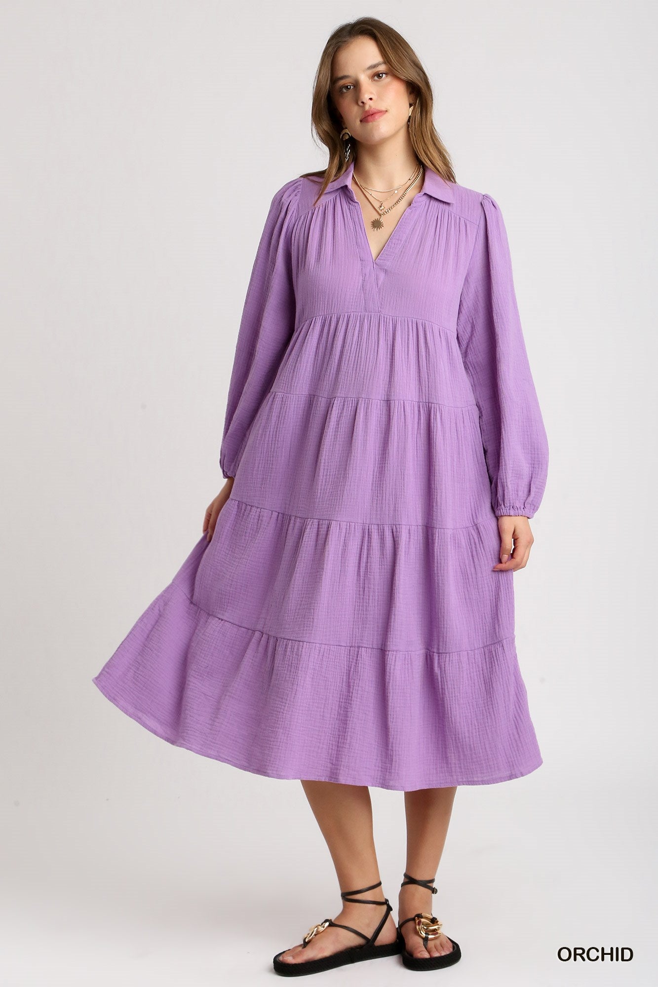 Umgee Gauze Long Sleeve Collar Split Neck Tiered Maxi Dress