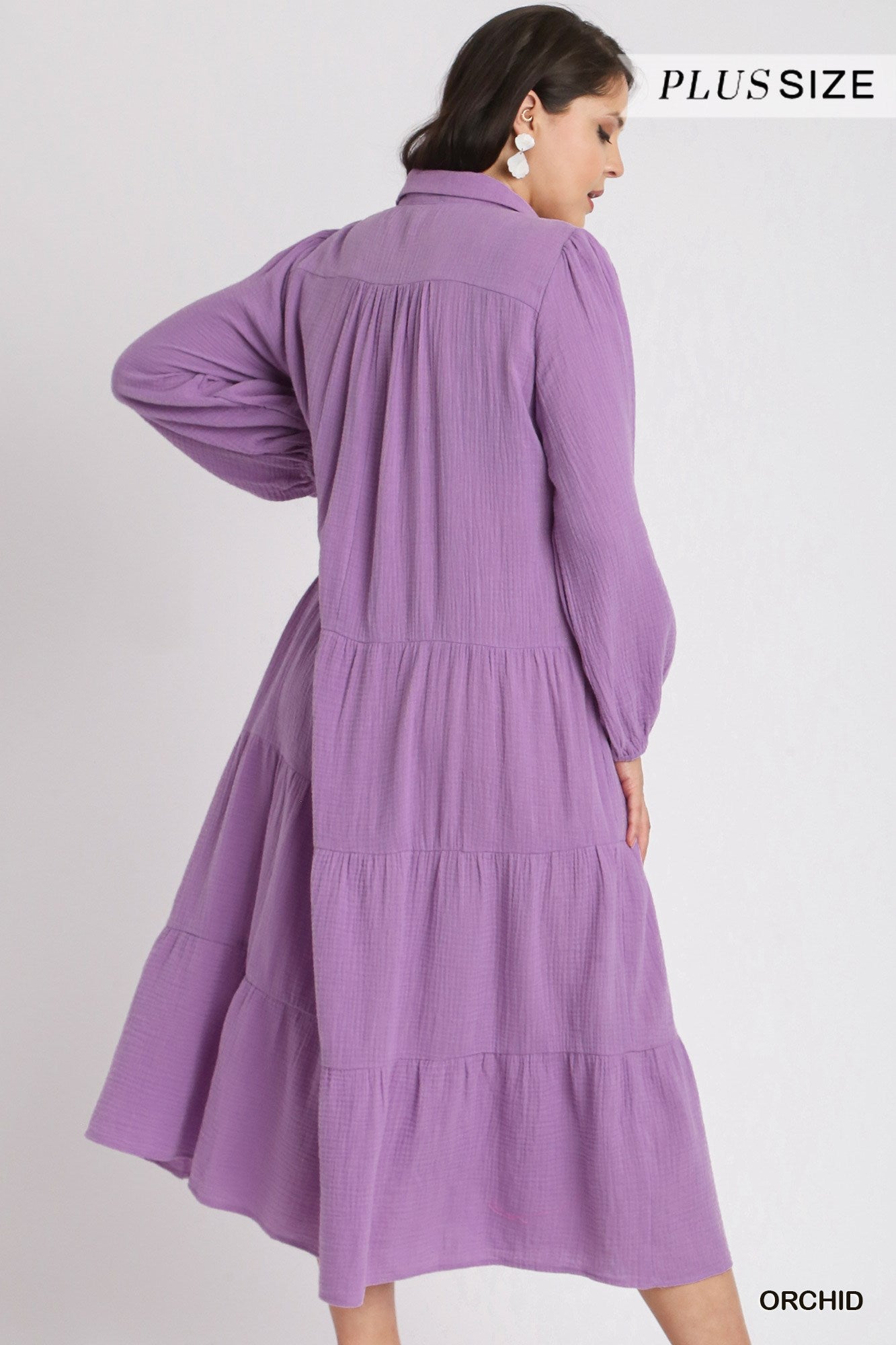 Umgee Plus Gauze Long Sleeve Collar Split Neck Tiered Maxi Dress