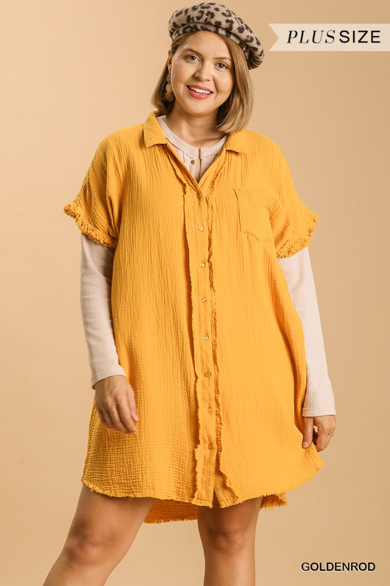 Umgee Plus Collar Button Down Short Sleeve Gauze Frayed Edge Shirt Dress