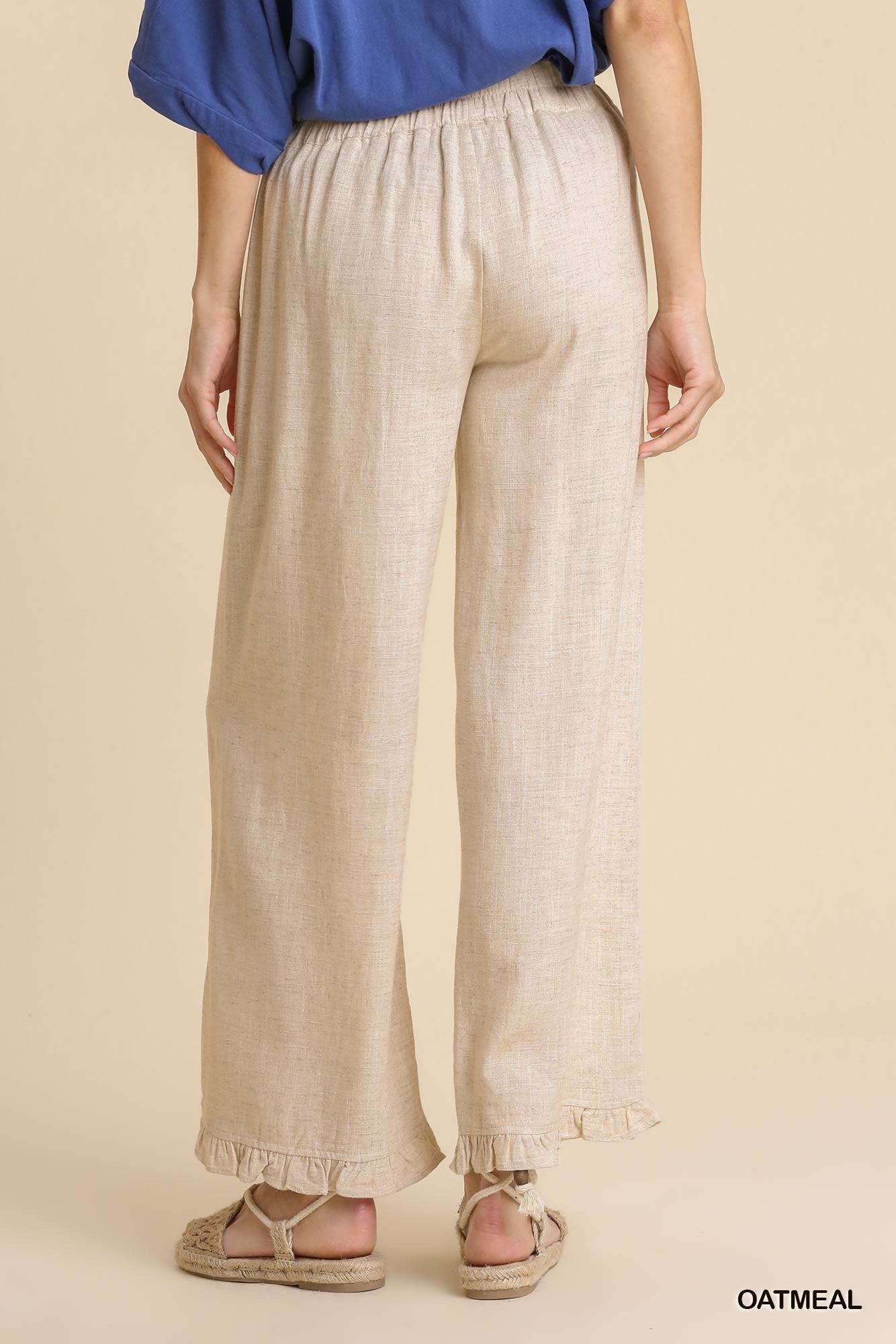 Umgee Linen Blend Elastic Waist Ruffle Hem Pockets Pants