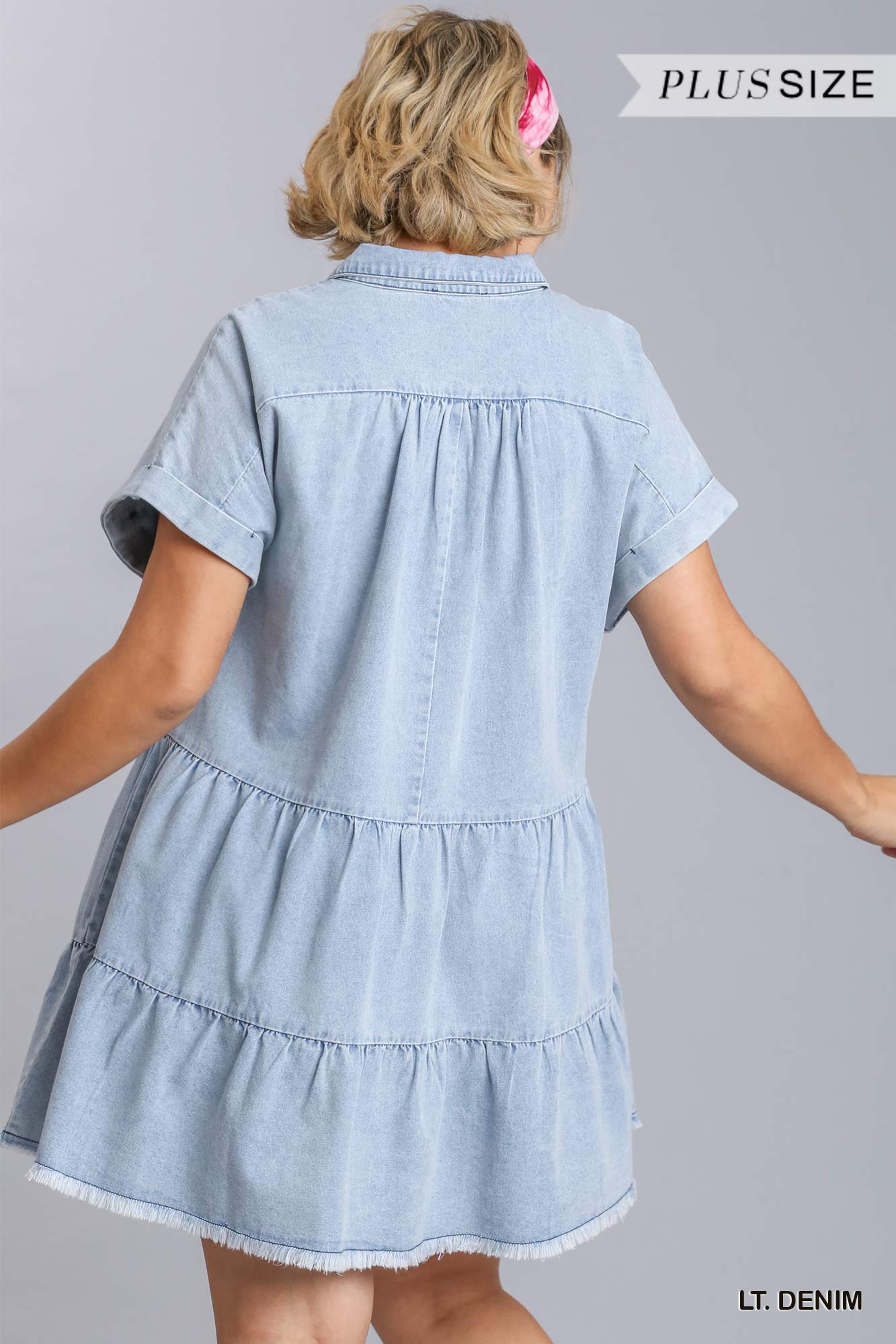 Umgee Plus Short Folded Sleeve V-Neck Collared Ruffle Tiered Denim Dress