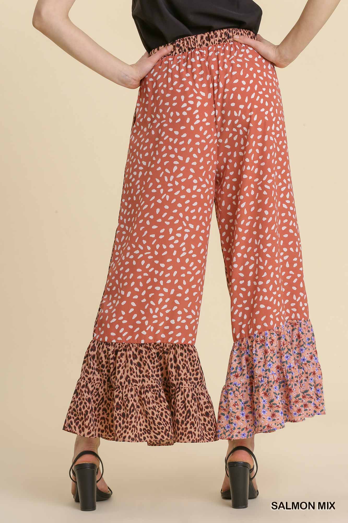 Umgee Animal Mixed Print Elastic Waistband Wide Leg Pants