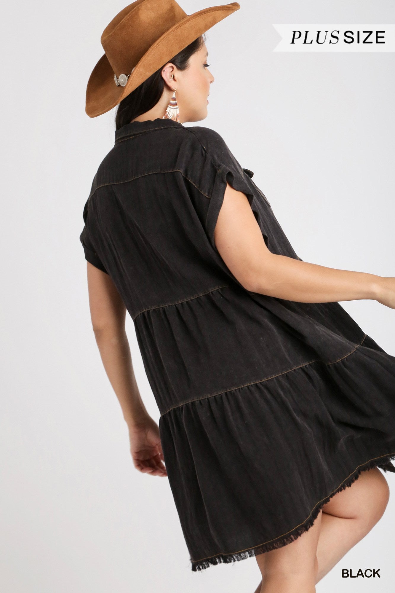 Umgee Plus Short Folded Sleeve Button Front Collared Ruffle Dress