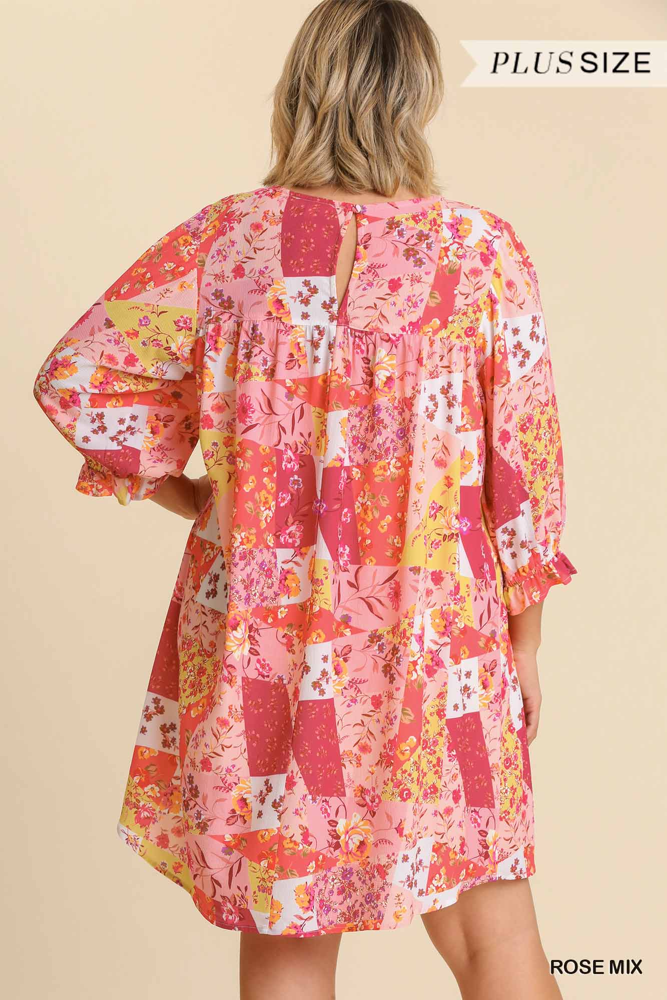 Umgee Plus Mixed Print Crochet Trim Ruffle Sleeves Back Keyhole Dress