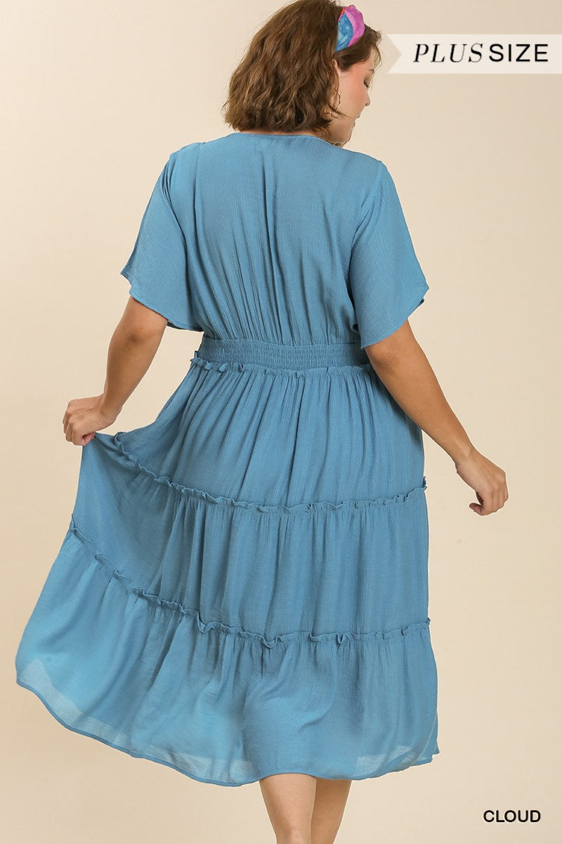 Umgee Plus Smocked Short Sleeve V-Neck Textured Tiered Maxi Dress