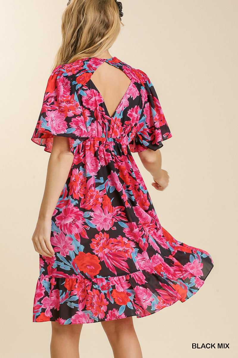 Umgee Floral Print Front Tie Lace Trim Short Sleeve Back Cut Out Dress - Roulhac Fashion Boutique