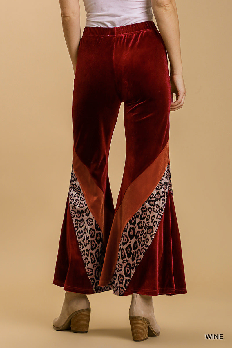 Umgee Animal Print High Waist Knit Velvet Stretch Wide Flare Leg Pants