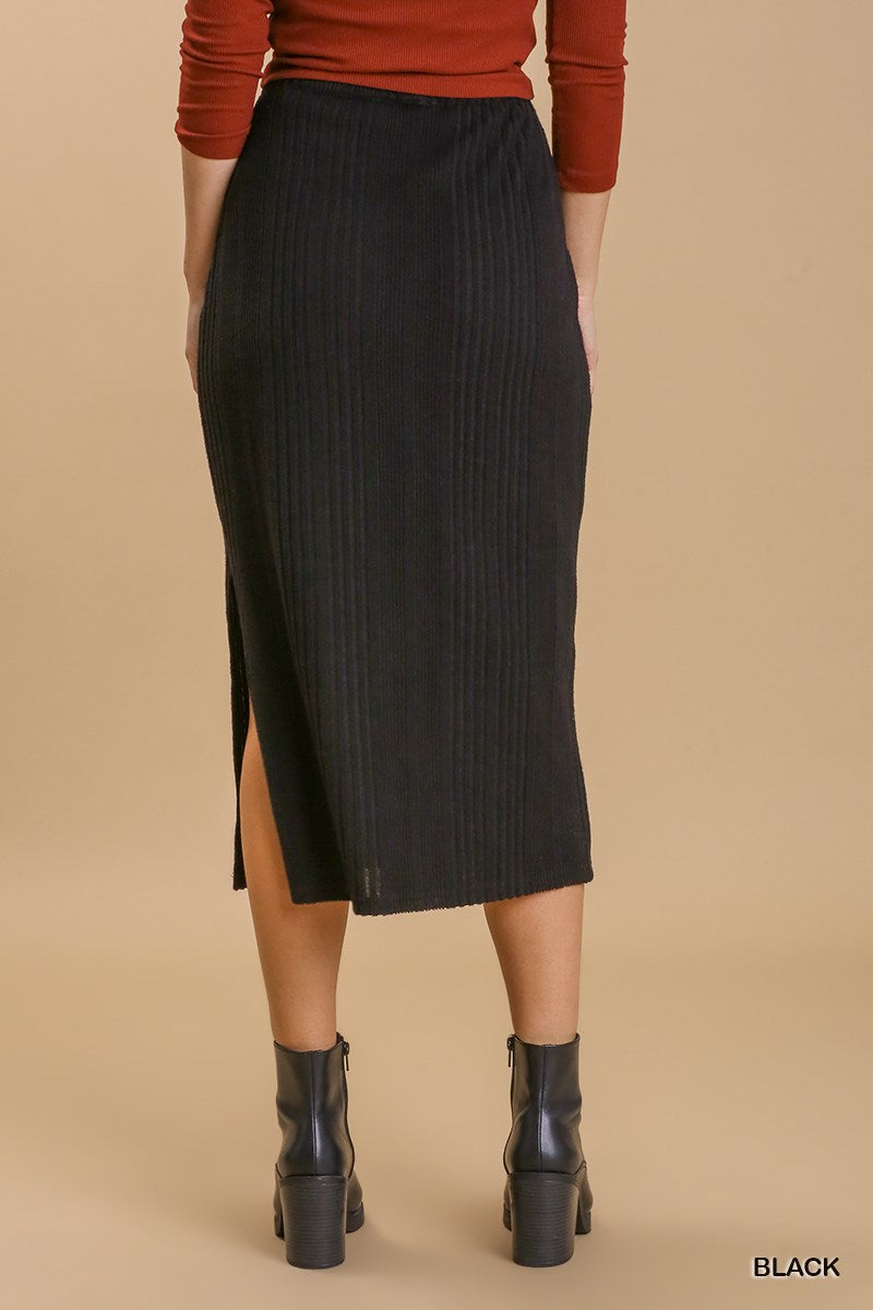 Umgee Ribbed Knit Elastic Waistband Side Slit Midi Skirt