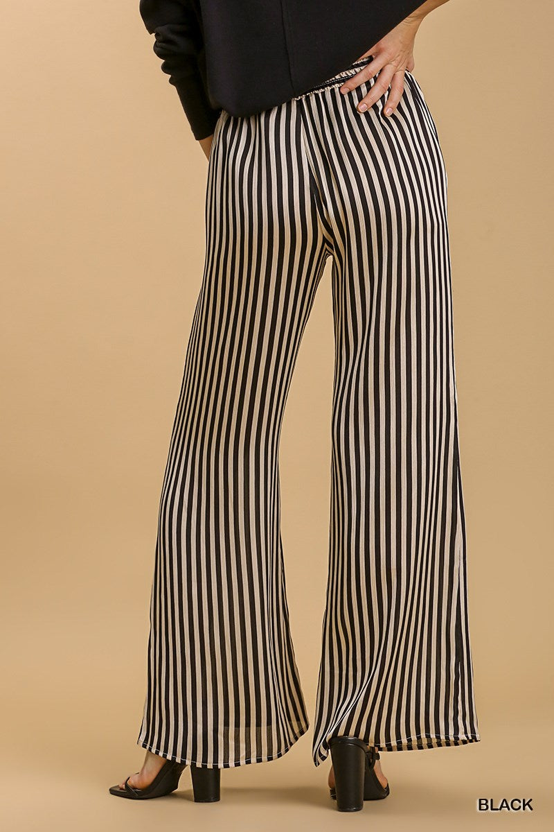 Umgee Striped Wide Leg Elastic Waist No Lining Pants