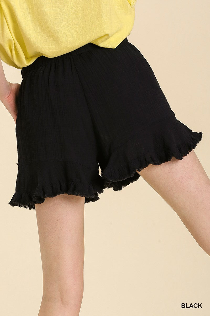 Umgee Elastic Waist Drawstring Ruffle Hem Side Pockets Shorts