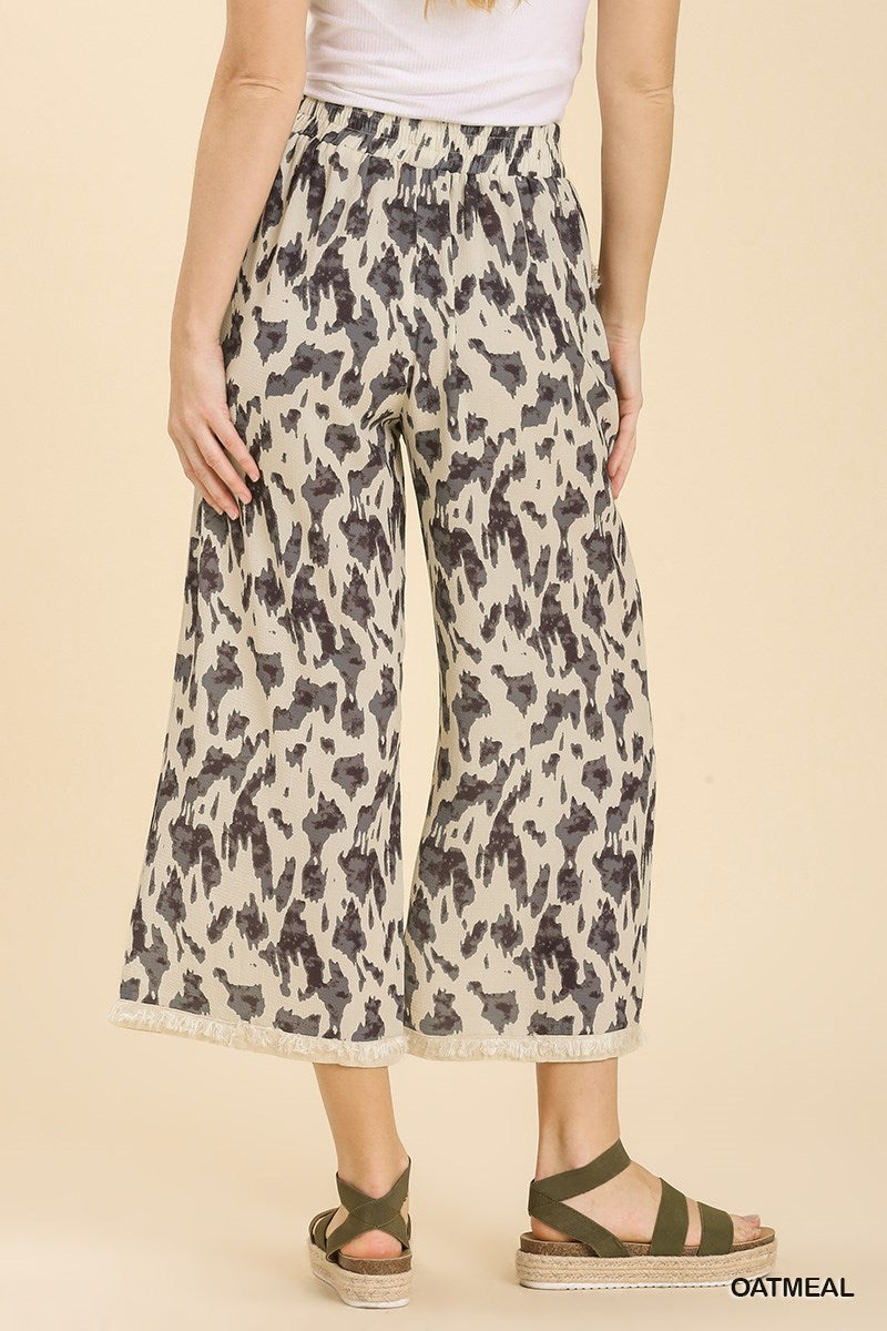 Umgee Elastic Waist Band Unfished Hem Wide Leg Pants