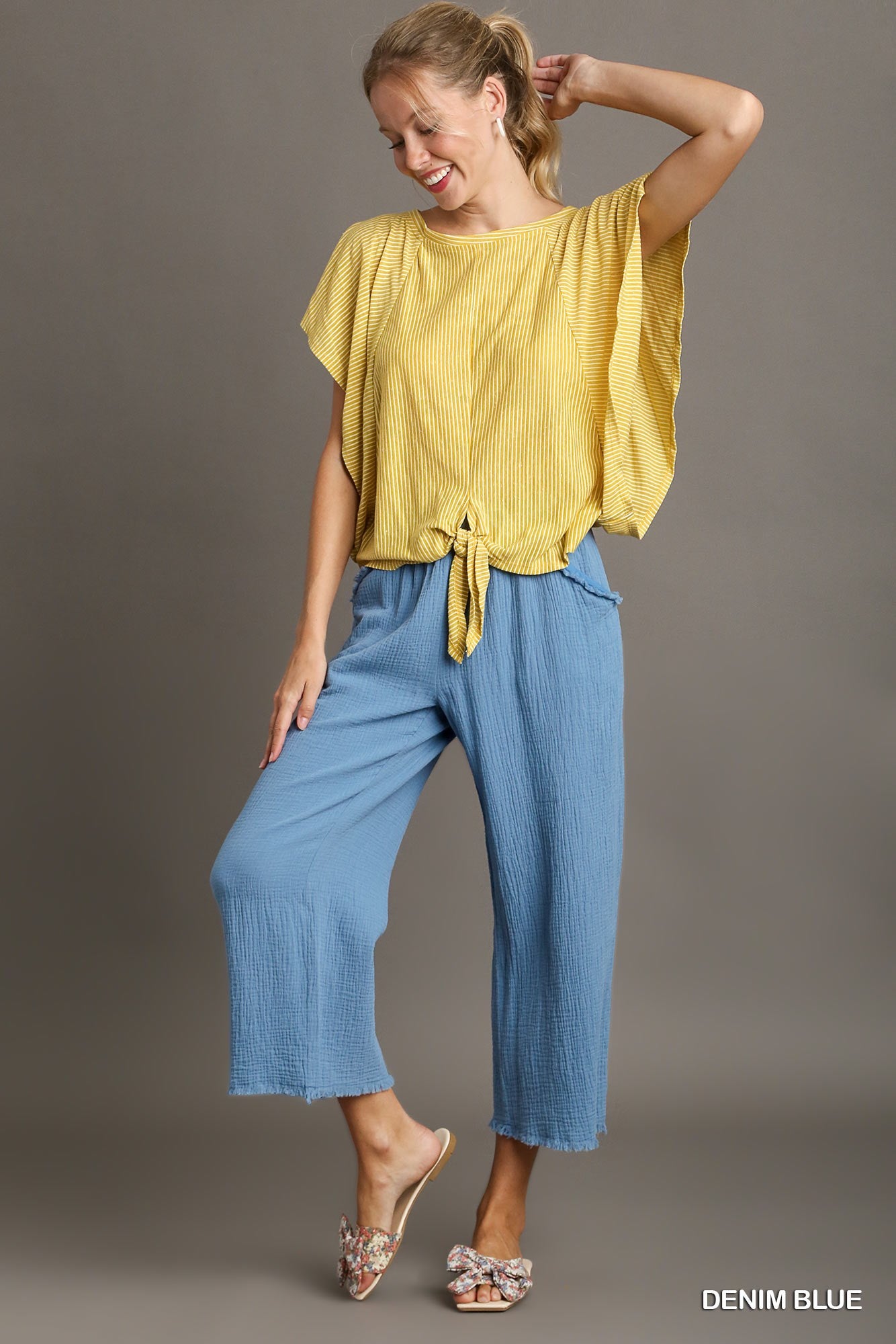 Umgee Elastic Waist Band Unfinished Hem Wide Leg Pants