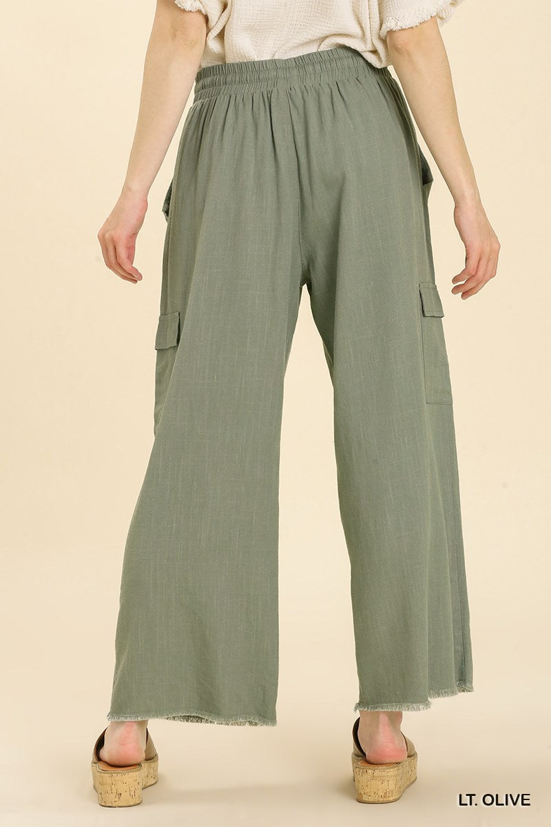 Umgee Linen Blend Cargo Frayed Hem Side Pockets Pants